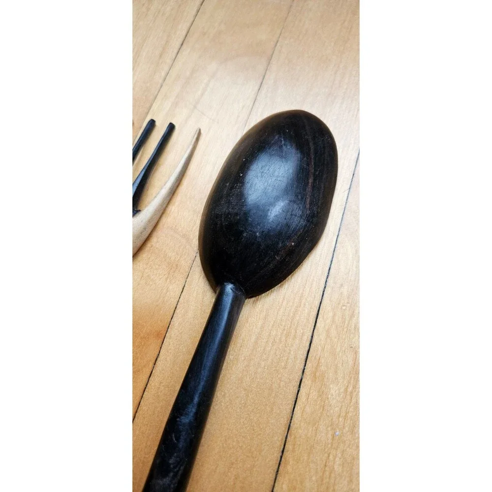 Handcarved Ebony and Ivory Wooden Hut Salad Servers from Mali
